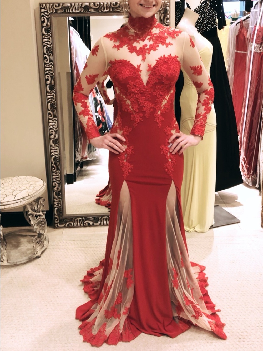Morilee Red Lace High-Neck Evening Dress